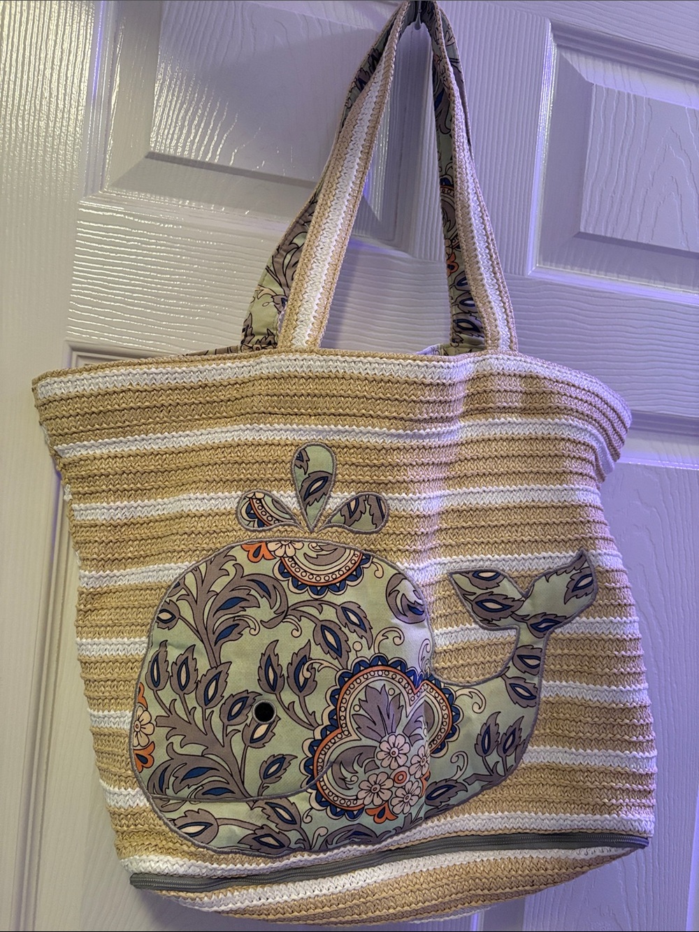 Vera Bradley Beige and White Striped Woven Tote with Floral Trim